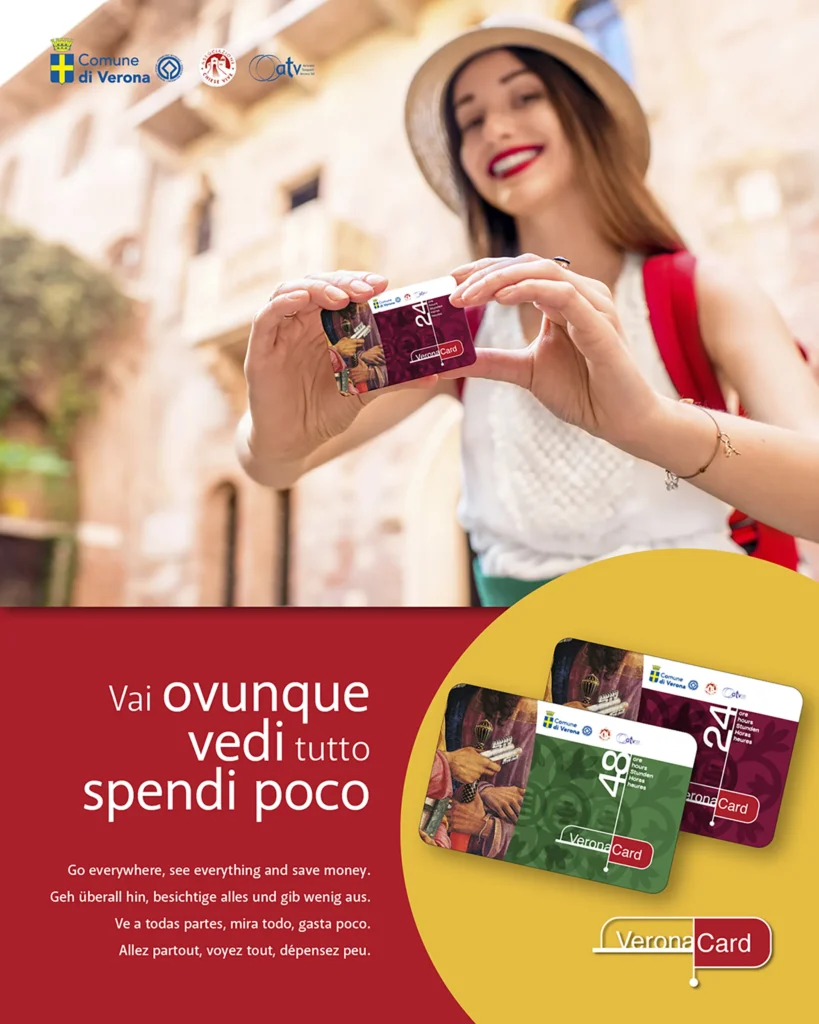 The image shows a smiling girl holding a Verona Card in her hands for access to the city's main attractions